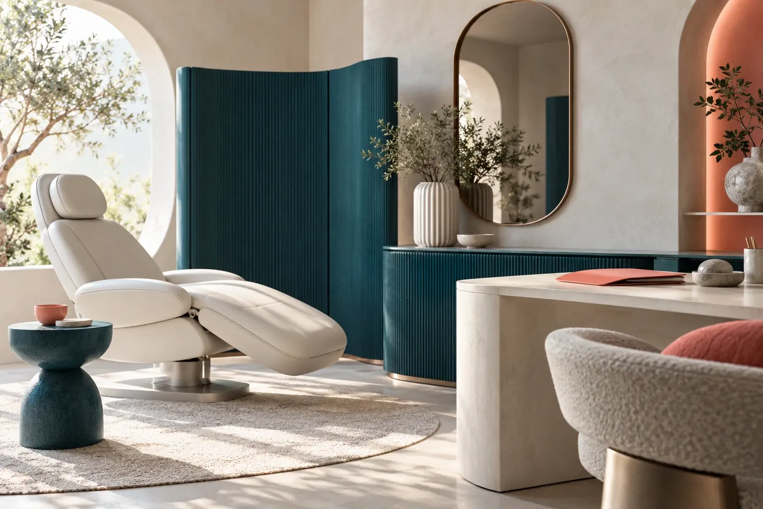 A consultation room with a reclining chair, curved screen and appointment folio