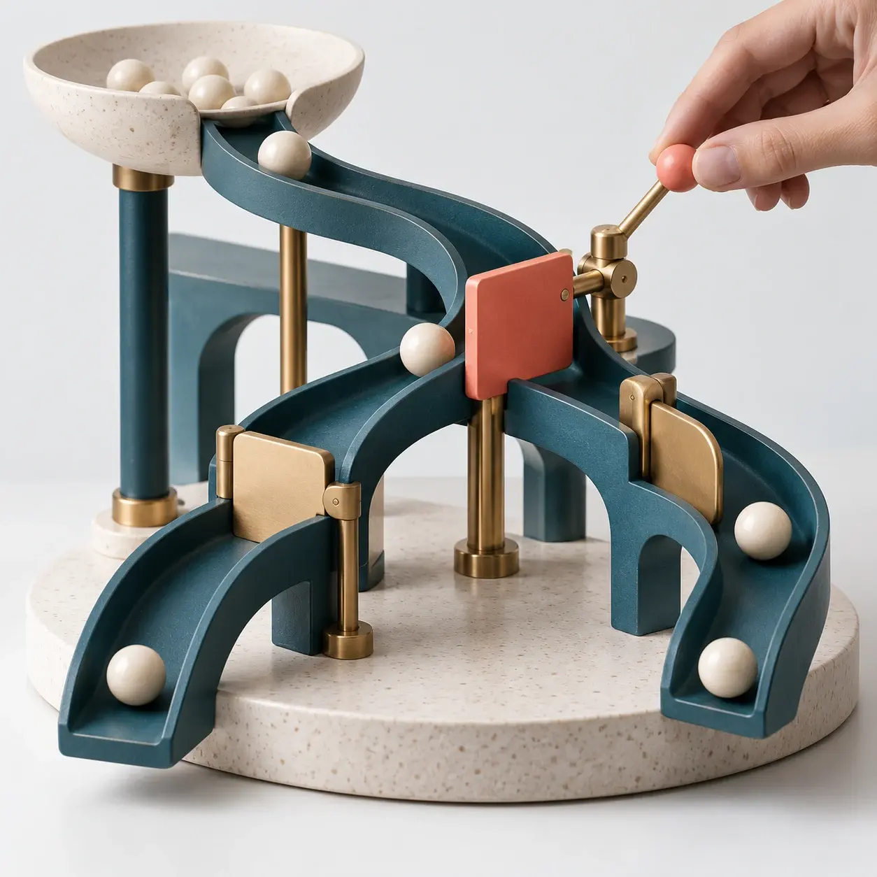 A branching mechanical track with adjustable gates and a coral control lever