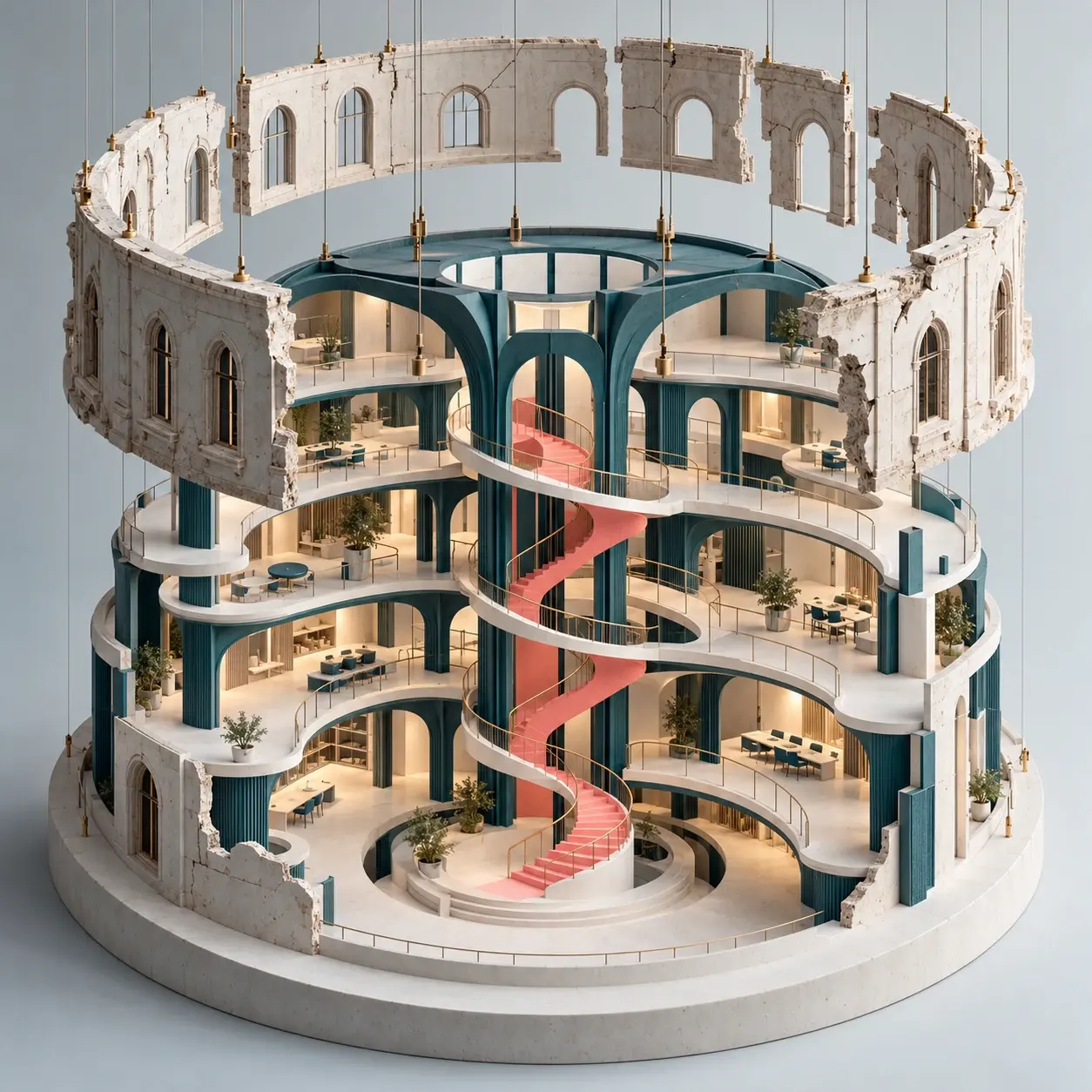 An exploded circular building model revealing connected floors and a shared central structure