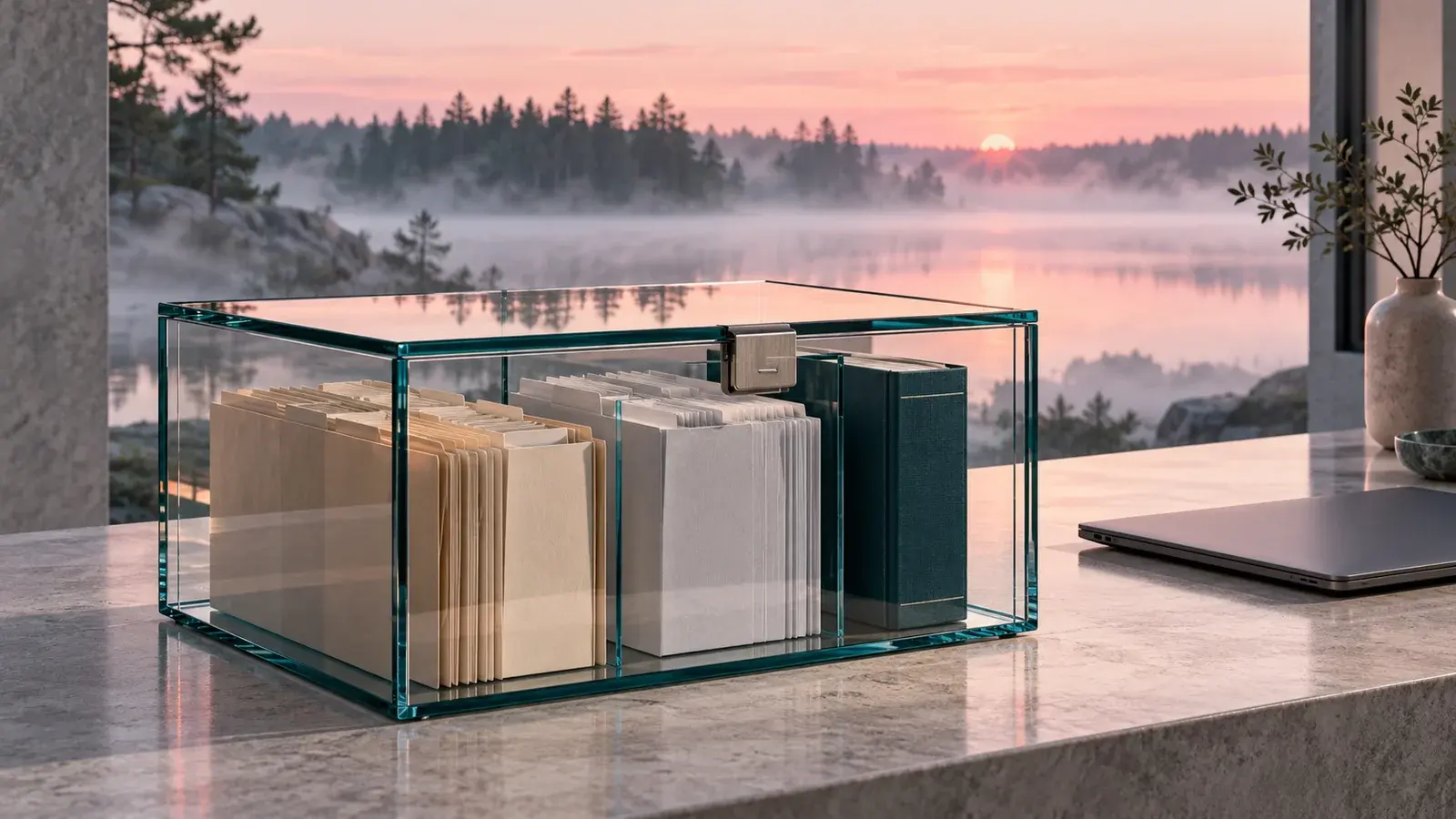 Organized folders and reference books inside a clear glass case beside a laptop, overlooking a misty lake