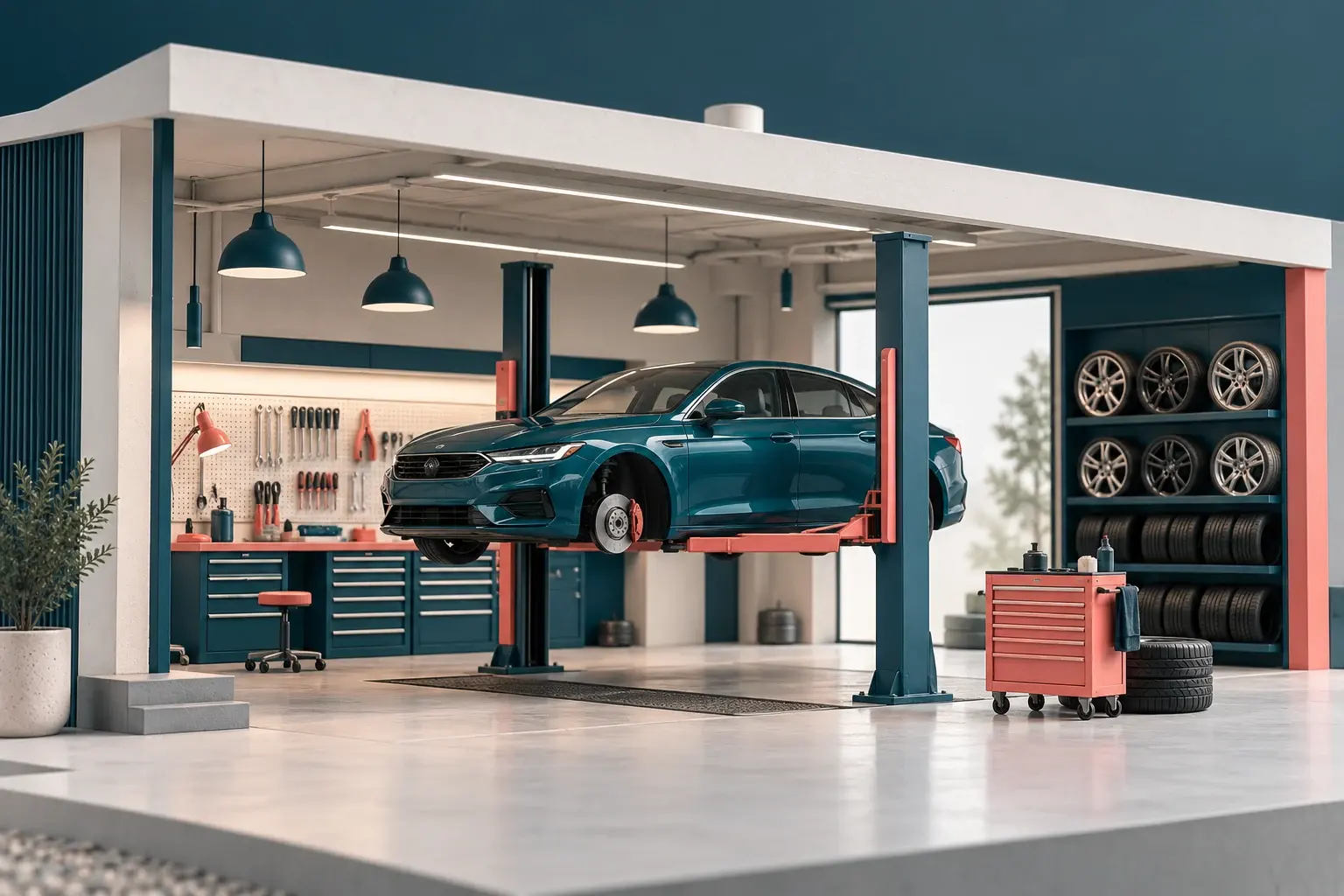 A vehicle service bay with a car lift, wheel rack and service trolley