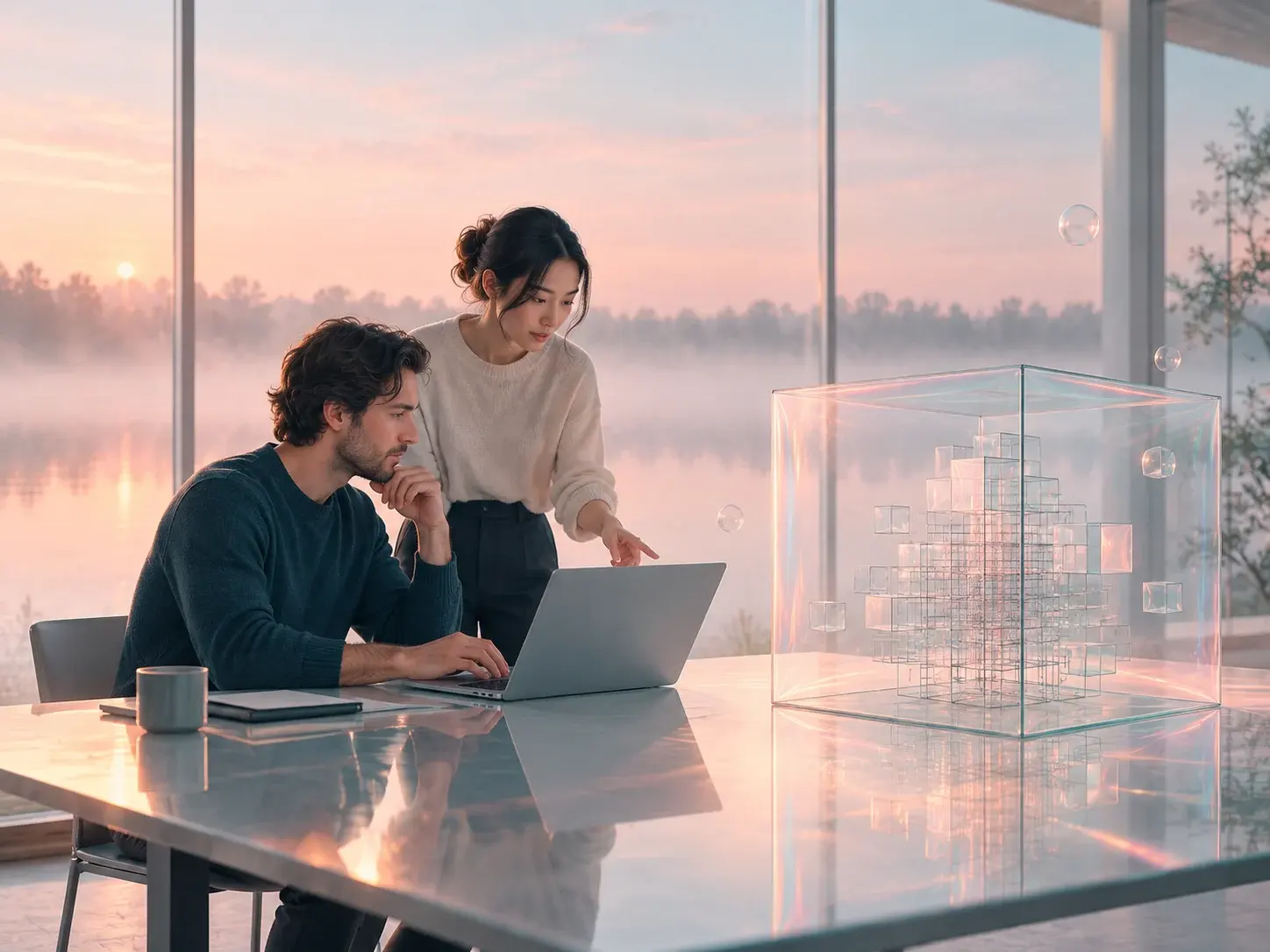 Two engineers working together at a laptop beside a holographic glass cube, with a misty lake beyond the window.