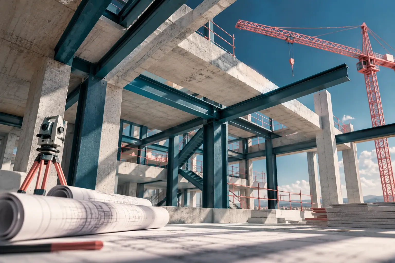 An unfinished building model with a crane, plans and surveying equipment