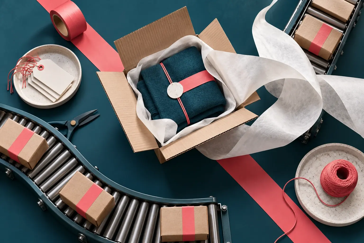 An overhead arrangement of parcels, folded fabric and a curved packing conveyor