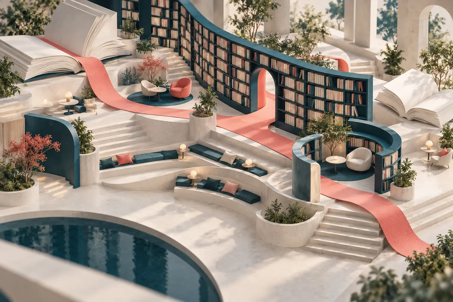 A terraced campus library with reading nooks and a coral bookmark walkway
