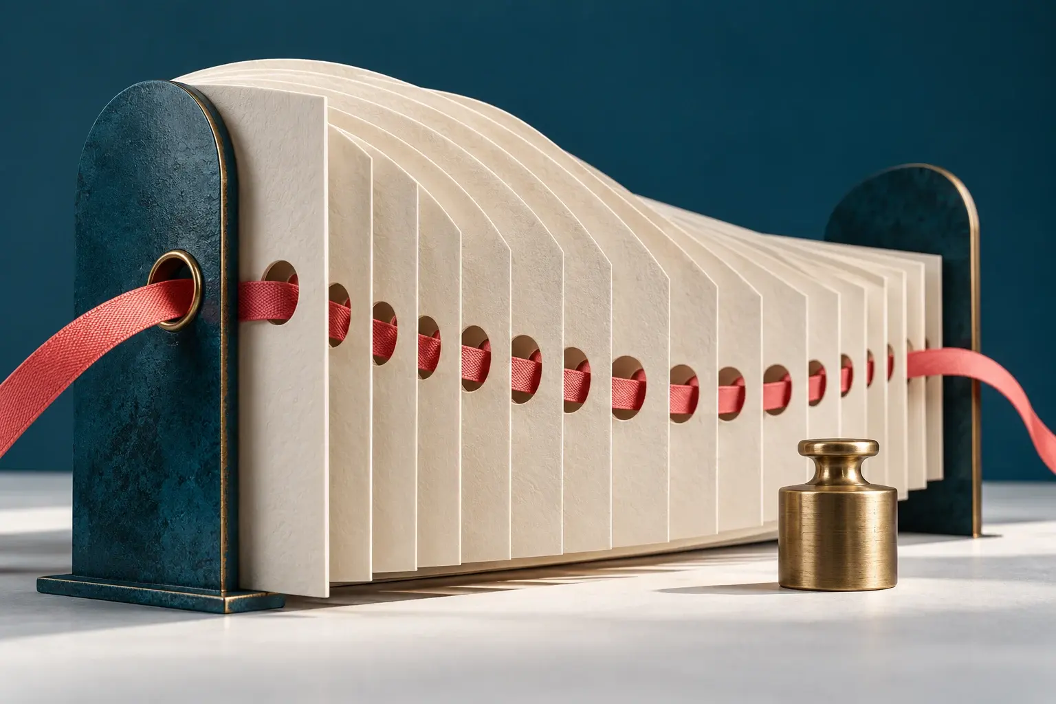 Layered paper ledgers linked by a coral ribbon between metal bookends