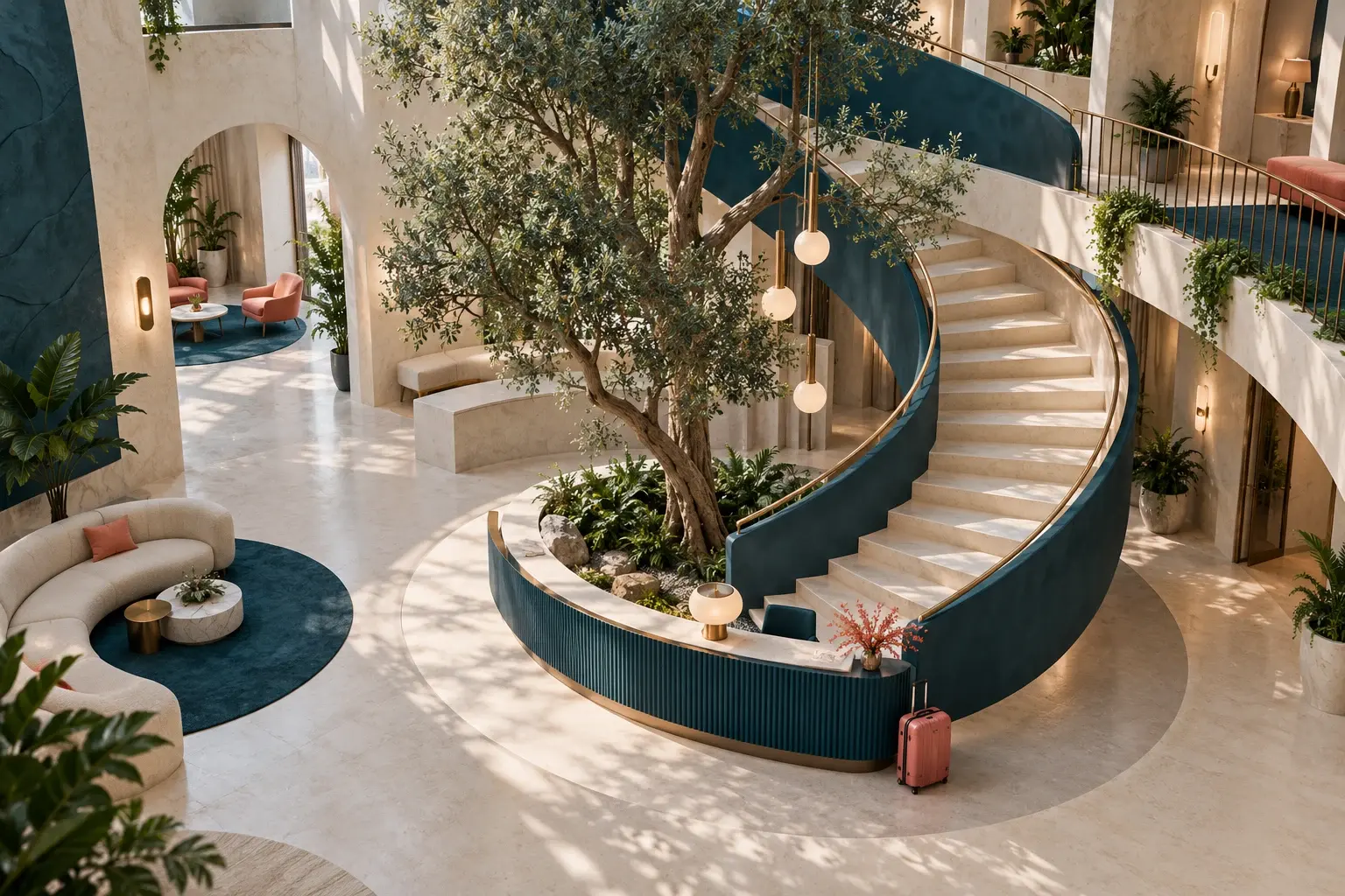 A hotel atrium with a spiral staircase, reception desk and luggage