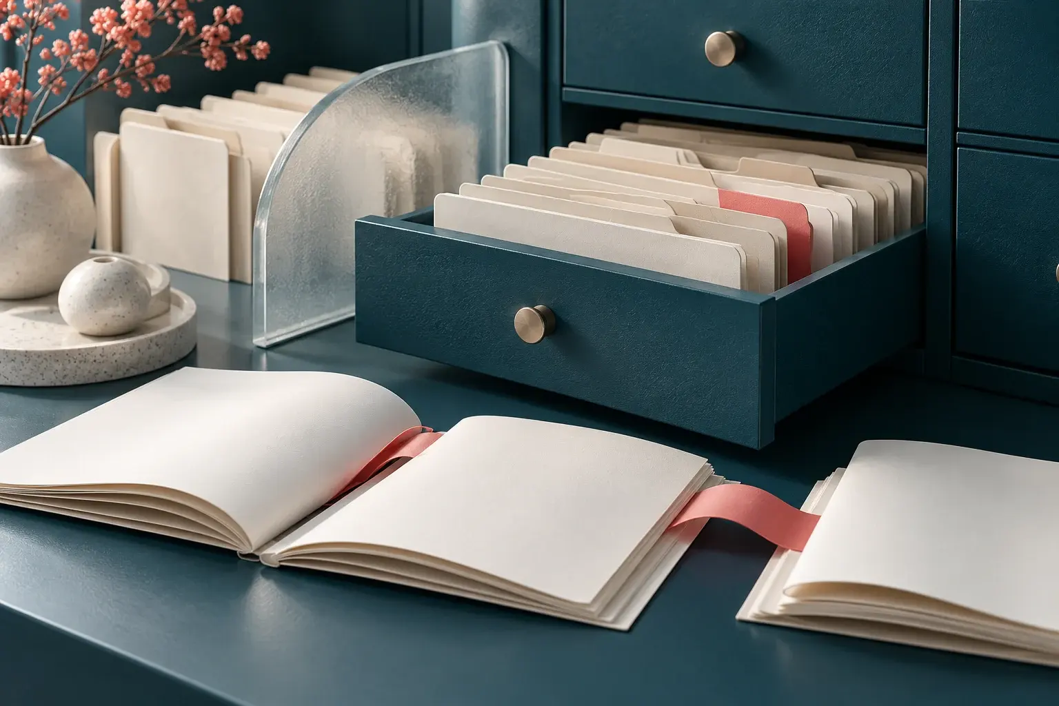 An open archive drawer with case folders and separated document sets