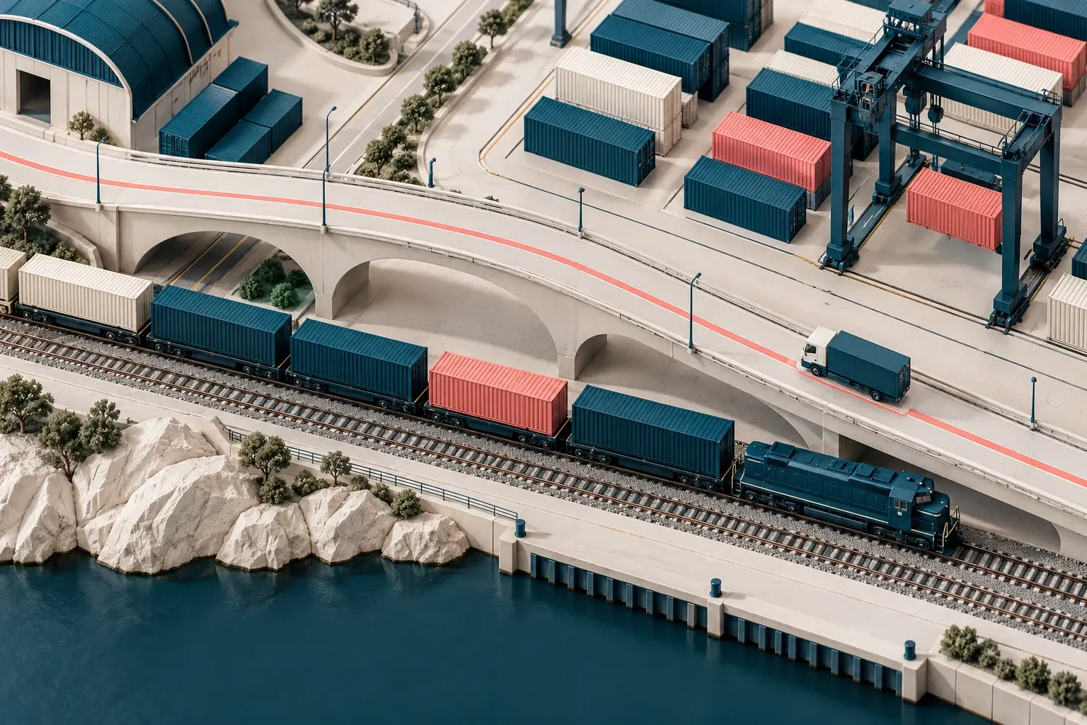 A freight depot linking rail, shipping containers and a delivery truck
