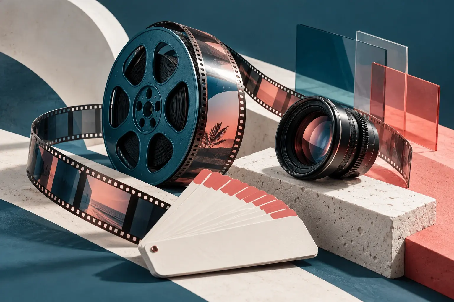 A film reel, cinema lens and layered asset cards in a sculptural still-life