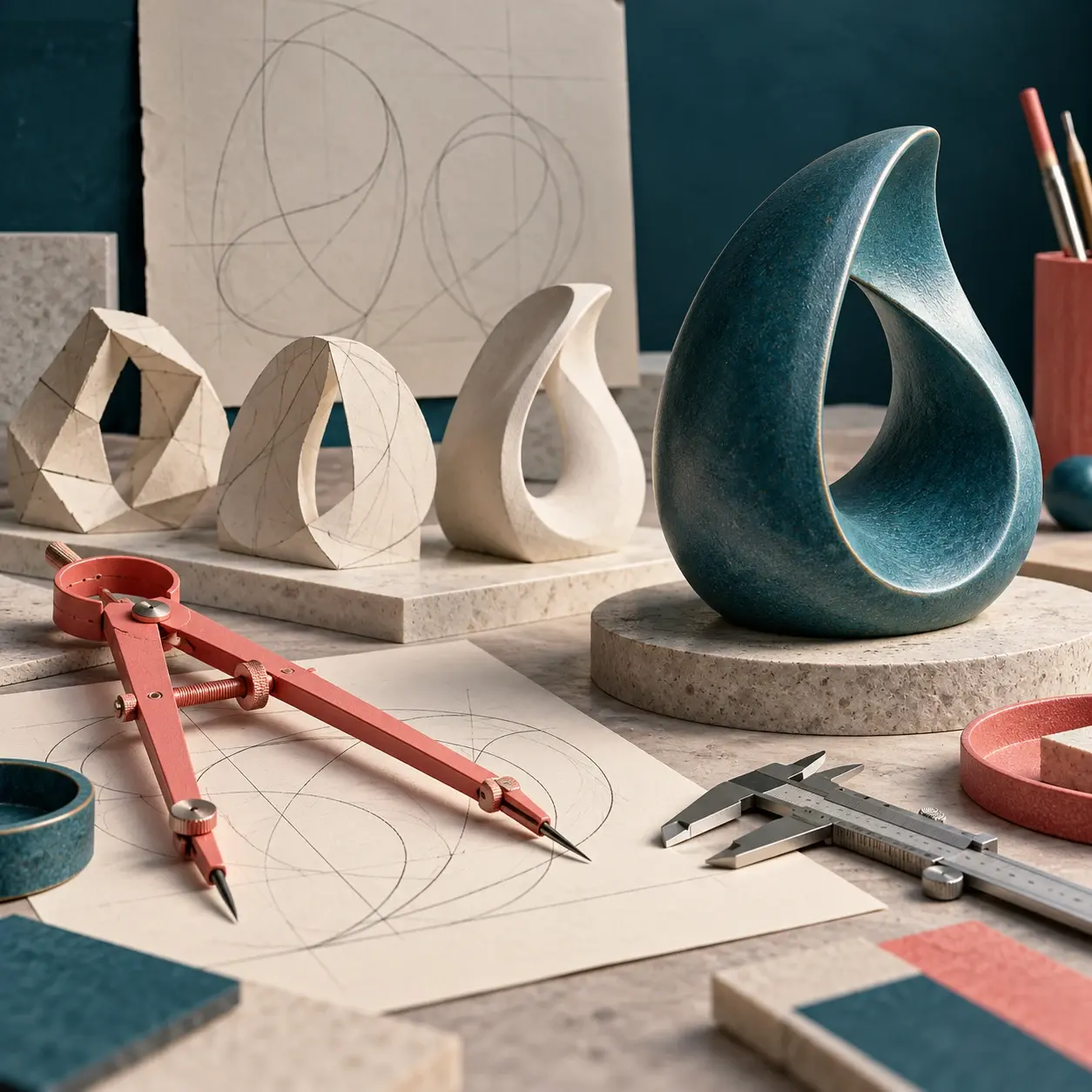 Paper prototypes, a drafting compass and a finished ceramic form on a workbench