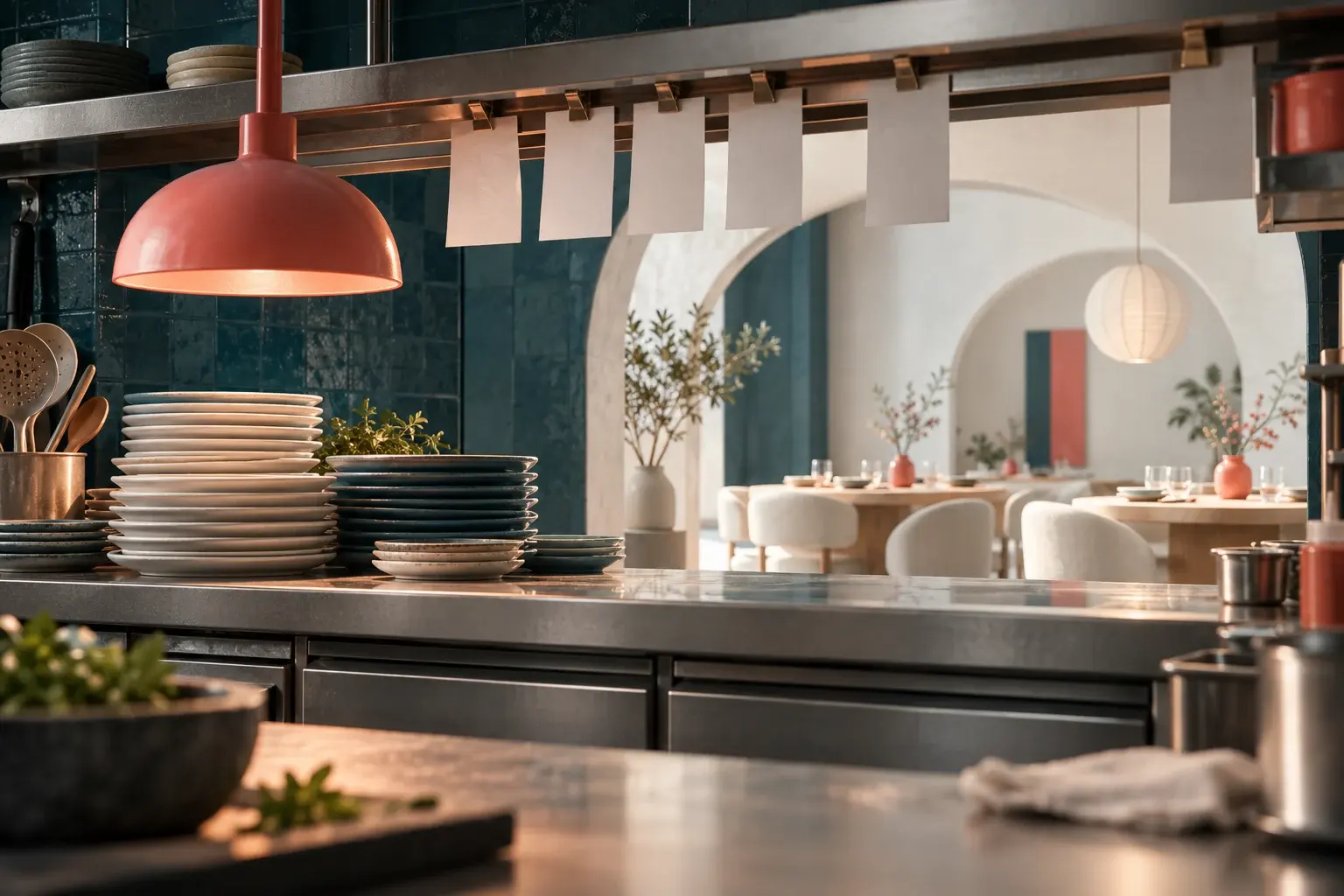 A restaurant kitchen pass with stacked plates and a view into the dining room