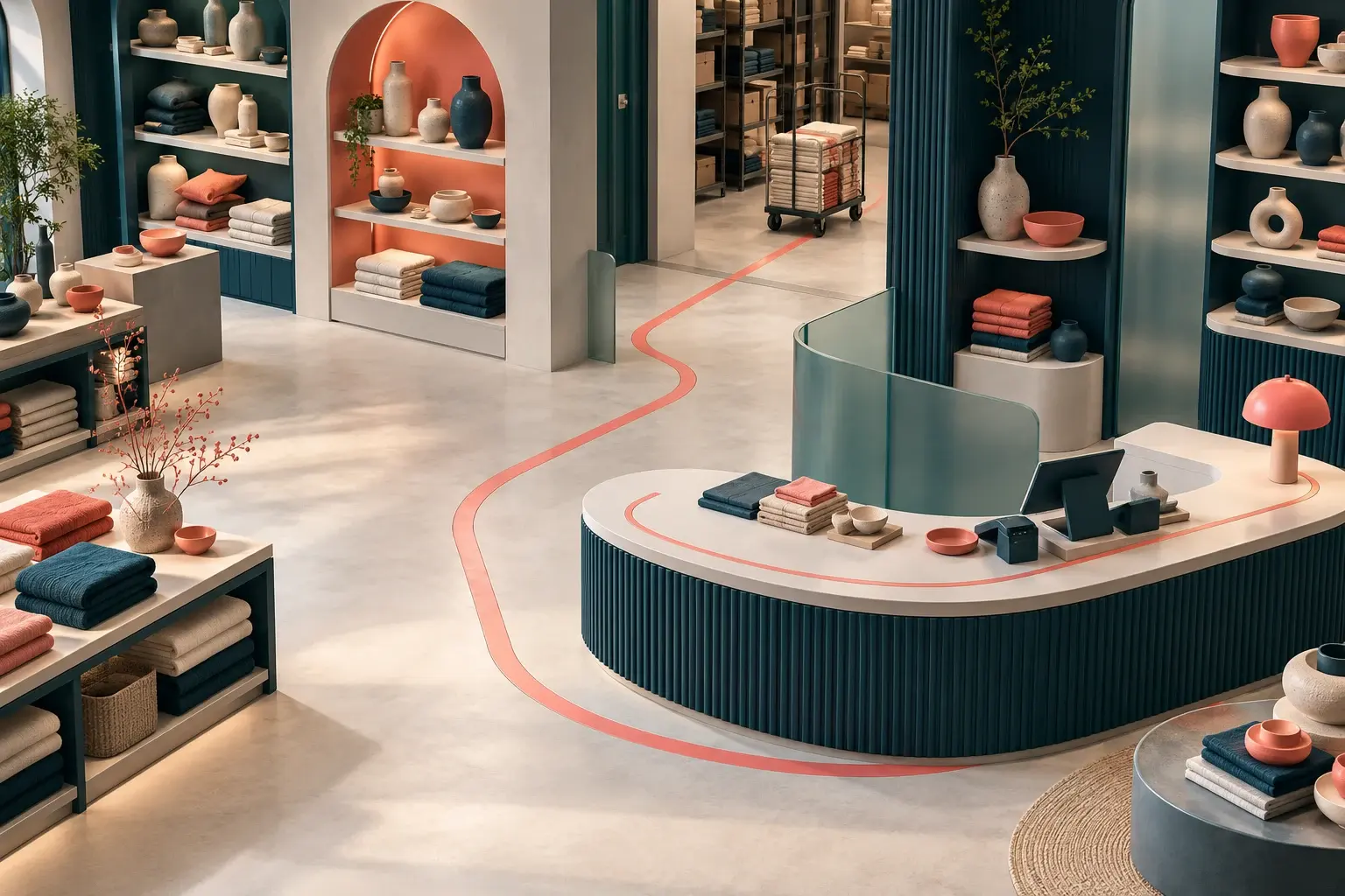 A curved retail counter connects to product shelves and a stockroom
