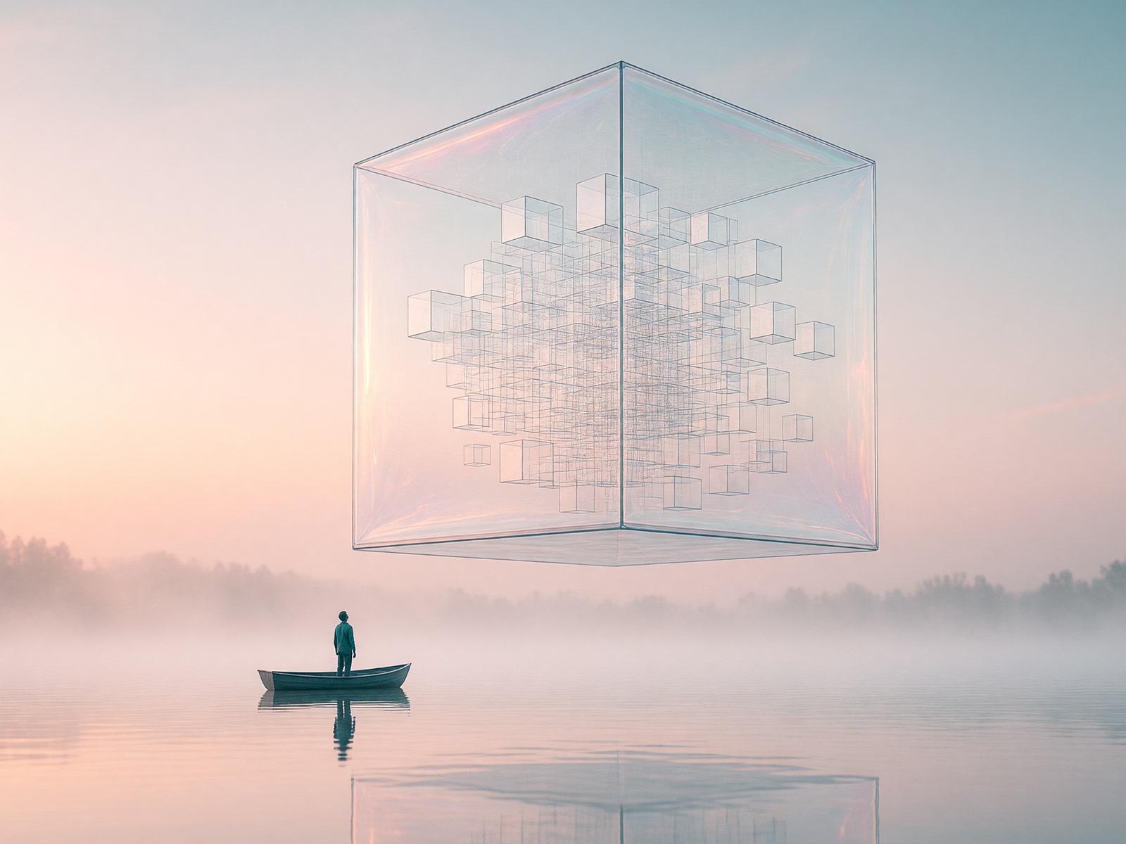 A giant see-through glass cube floating over a misty lake at dawn, smaller cubes arranging themselves inside it