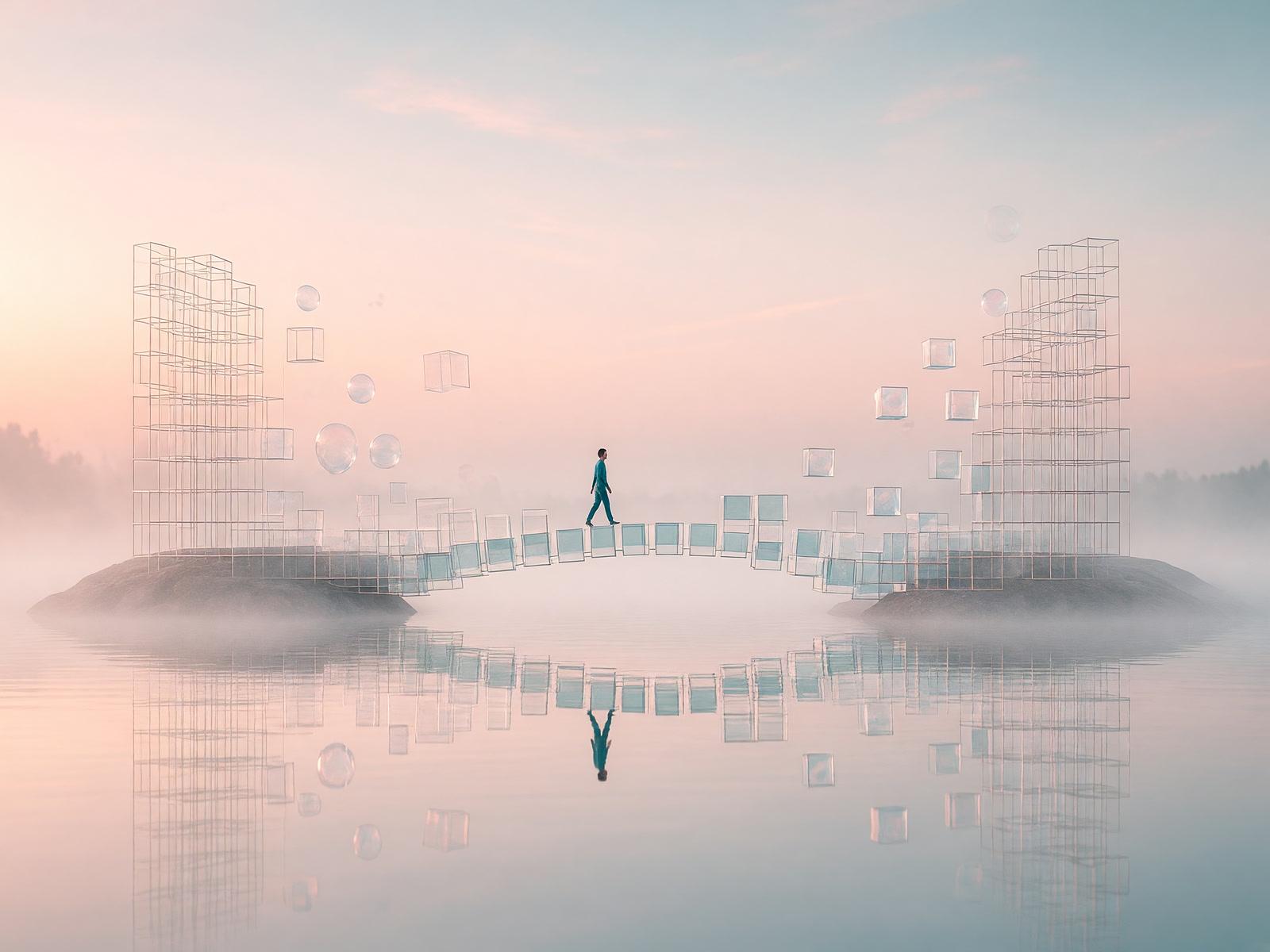 A bridge of glass cubes assembling itself between two structures across a misty lake