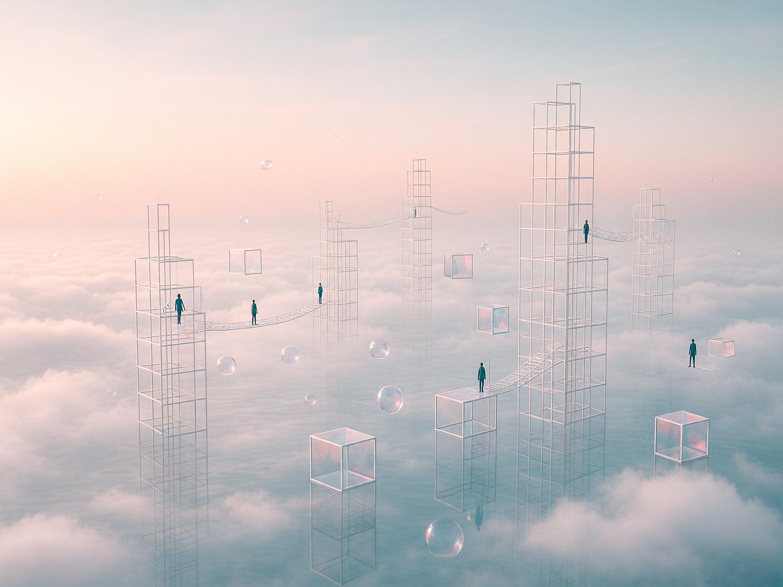 Open glass towers rising through a sea of pink clouds at dawn