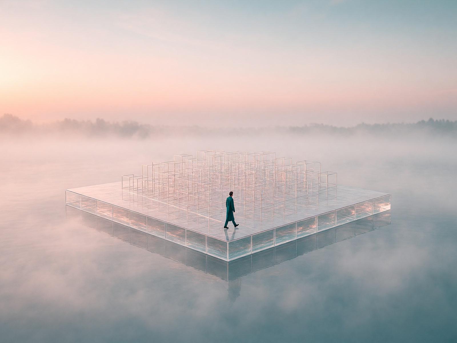 A glass platform floating on fog at dawn, holding an orderly grid of small structures