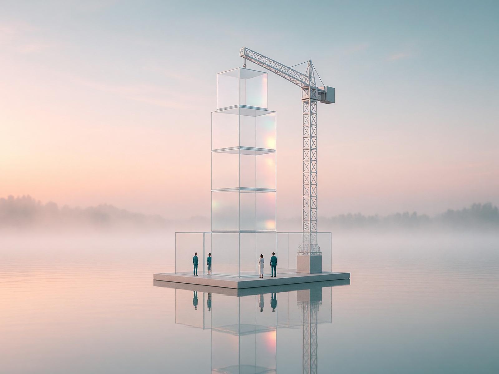 A tower of glass cubes rising from a misty lake while a crane places the last cube