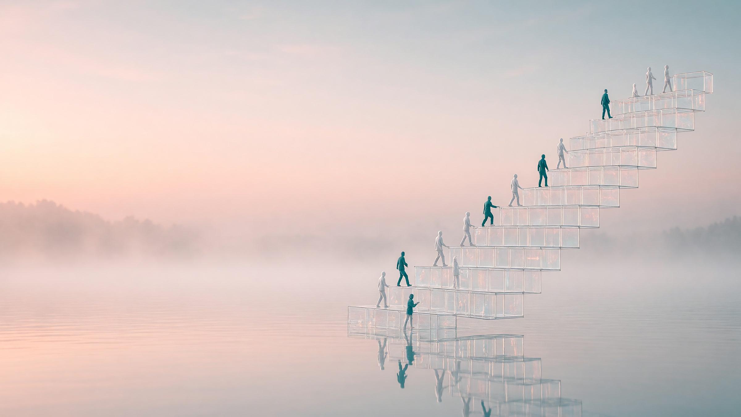 Small figures passing glass cubes hand to hand up a glass staircase rising out of a misty lake