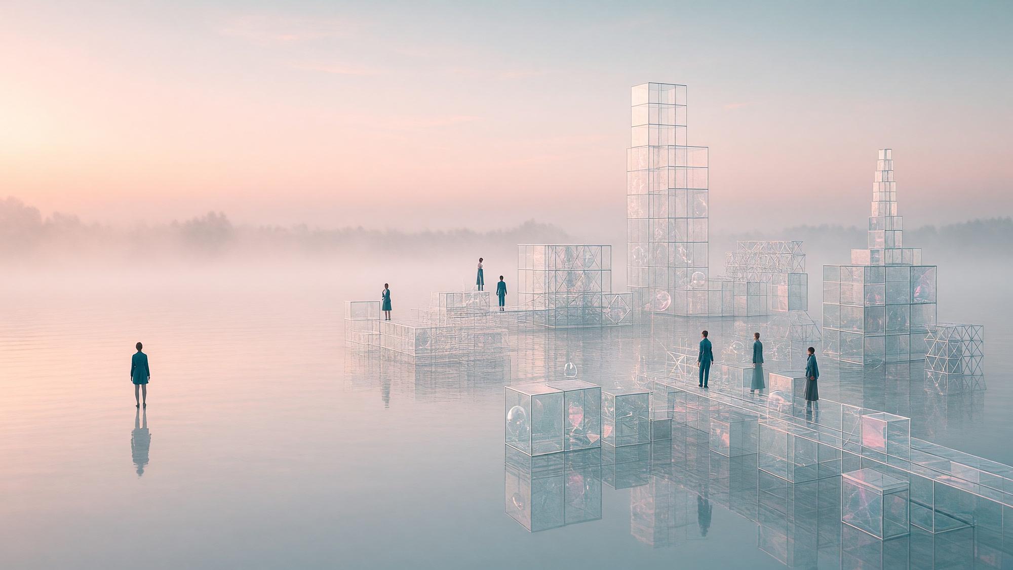 Different glass structures connected across a misty lake